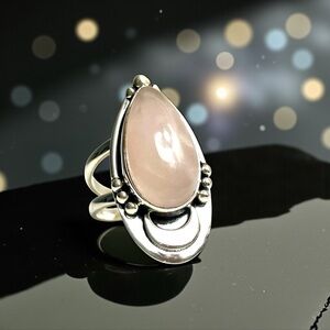 Lunar Rose Quartz Crescent Moon Ring, SS 925, SZ 7